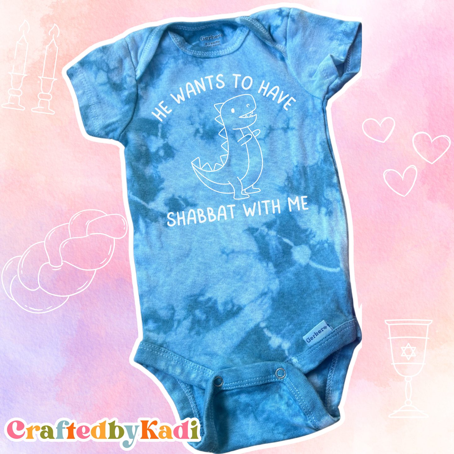 Tot Shabbat Dinosaur Tie Dye Baby Onesie