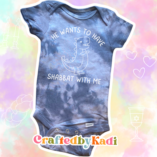 Tot Shabbat Dinosaur Tie Dye Baby Onesie
